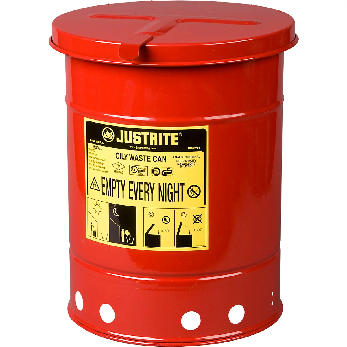 Red cylindrical oily waste can with a yellow label and white text. The lid is removable. There are small, round openings at the bottom.