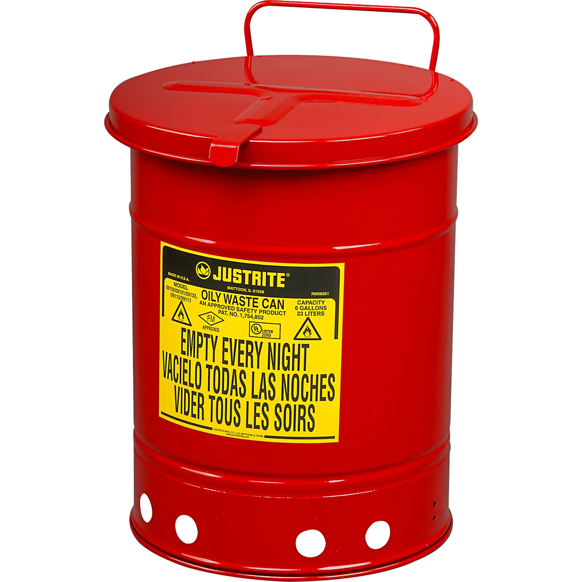 Red oily waste can with yellow warning label. Reads: EMPTY EVERY NIGHT. Features lid and handle.