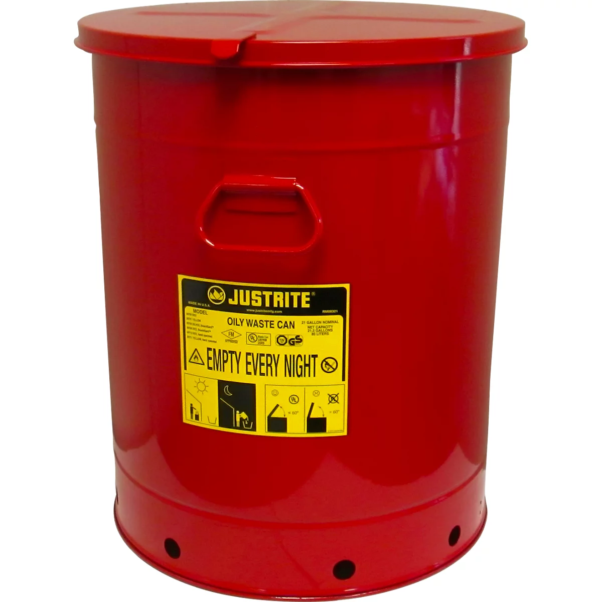 Red oily waste can with lid and handle. Yellow label with "JUSTIRITE" and "EMPTY EVERY NIGHT".