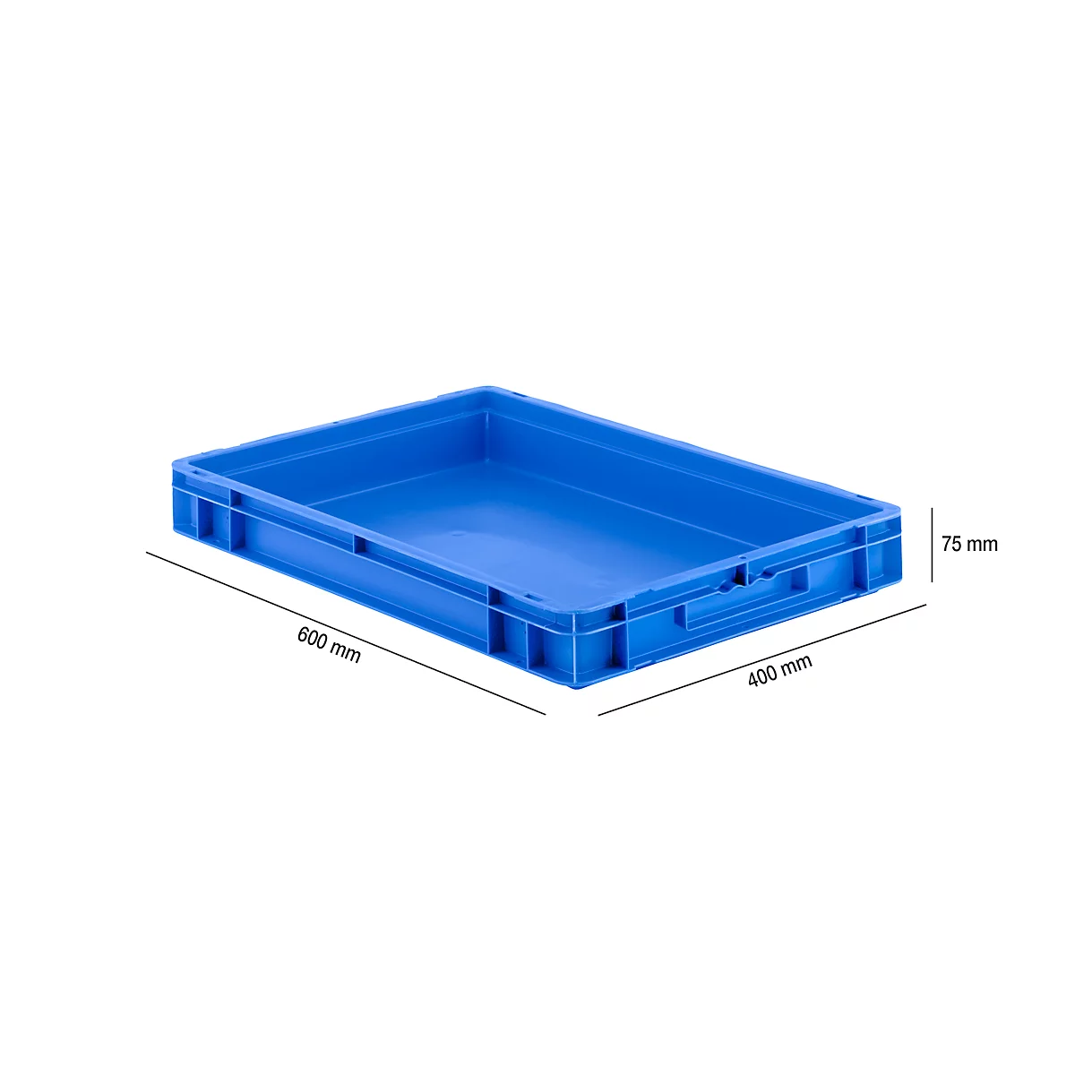 Blue plastic crate with dimensions 600 x 400 x 75 mm.