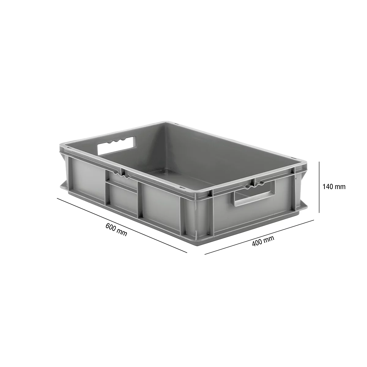 Gray plastic box with handles. Dimensions: 600 mm x 400 mm x 140 mm.