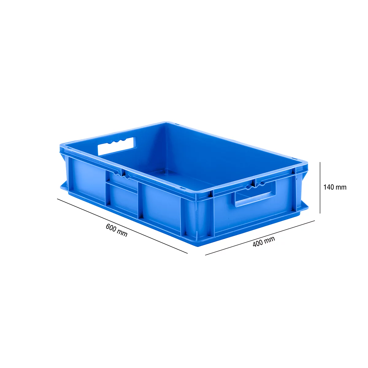 Blue plastic box with handles and dimensions: 600 mm x 400 mm x 140 mm.