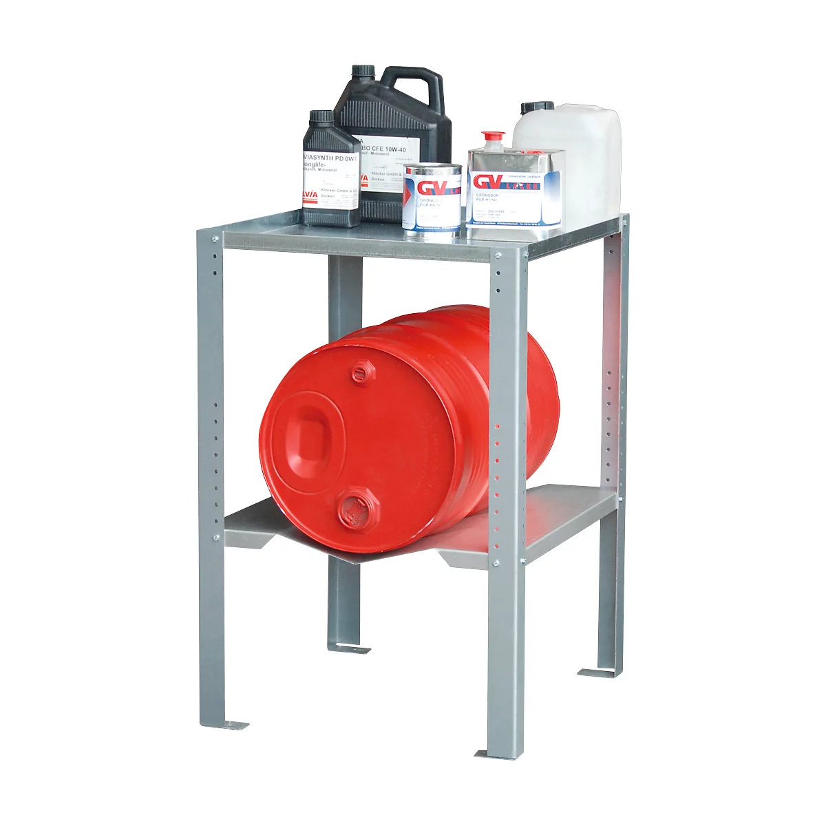 Metal shelf with barrels and canisters. Red tank in lower shelf, various containers on top.