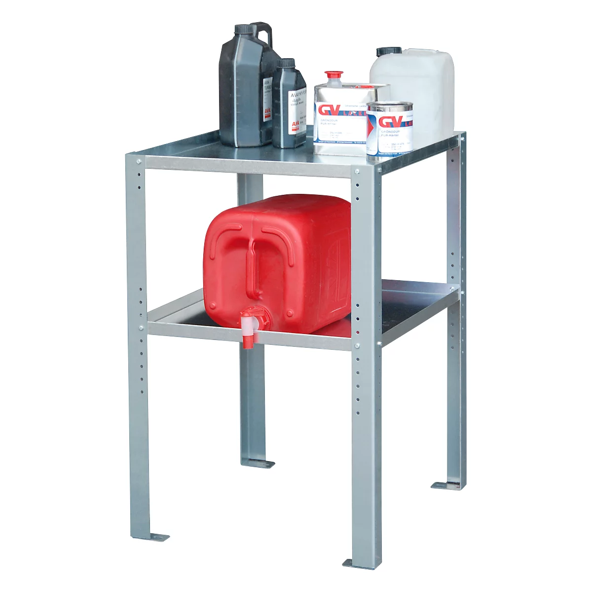 A gray metal stand with two levels, filled with canisters and containers. A red canister is on the lower level.