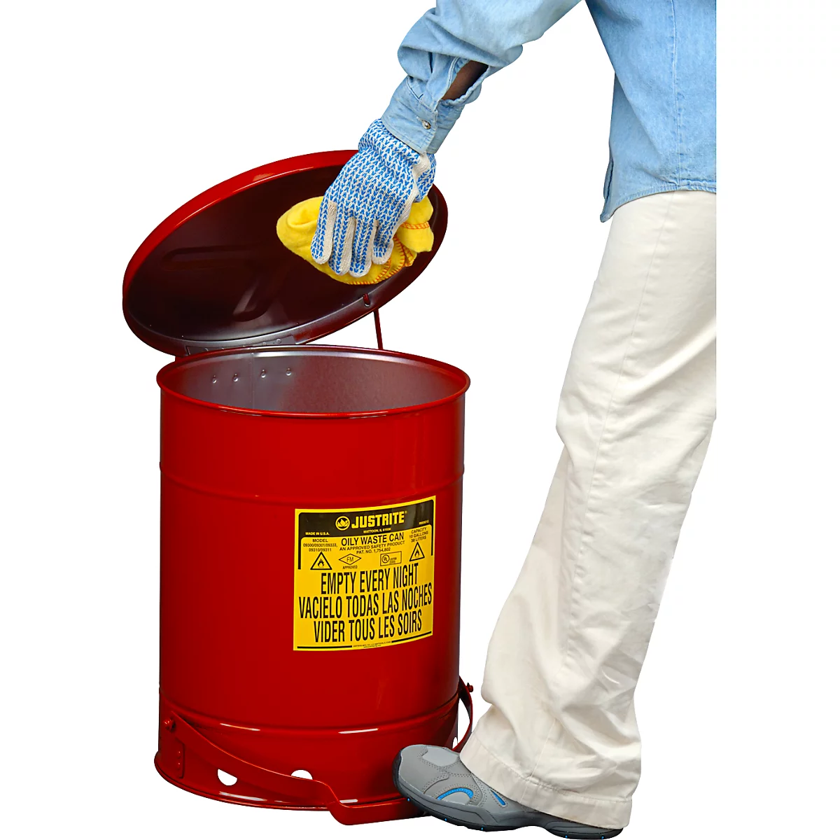 Container voor olieachtig afval, zelfsluitend deksel, met pedaal, plaatstaal, Ø 350 x H 460 mm, 38 l, rood