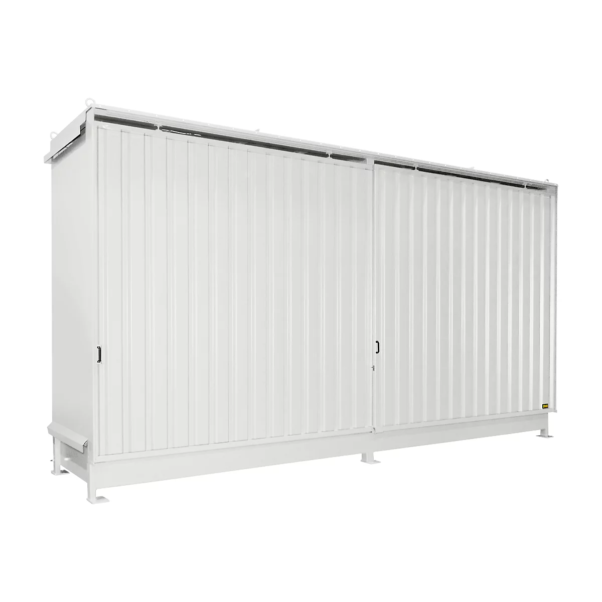 Contenedor Bauer tipo CEN 59-2 IBC, 2 niveles de estantes, puerta corredera, 2000 l, ancho 6255 x fondo 1550 x alto 3450 mm, gris blanco RAL 9002