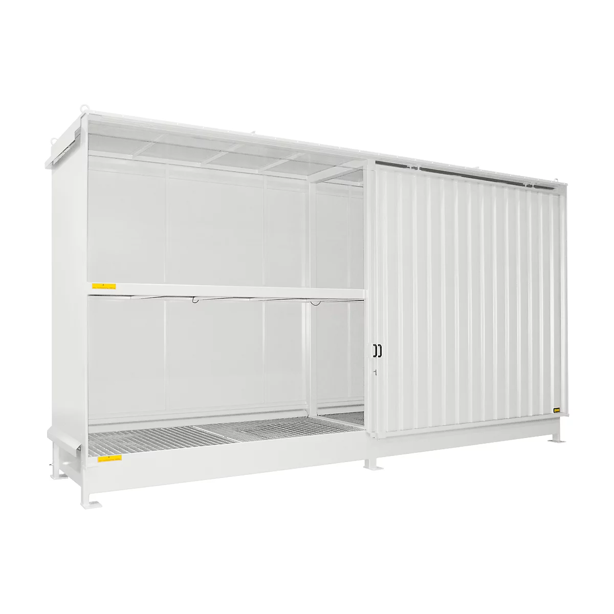 Contenedor Bauer tipo CEN 59-2 IBC, 2 niveles de estantes, puerta corredera, 2000 l, ancho 6255 x fondo 1550 x alto 3450 mm, gris blanco RAL 9002