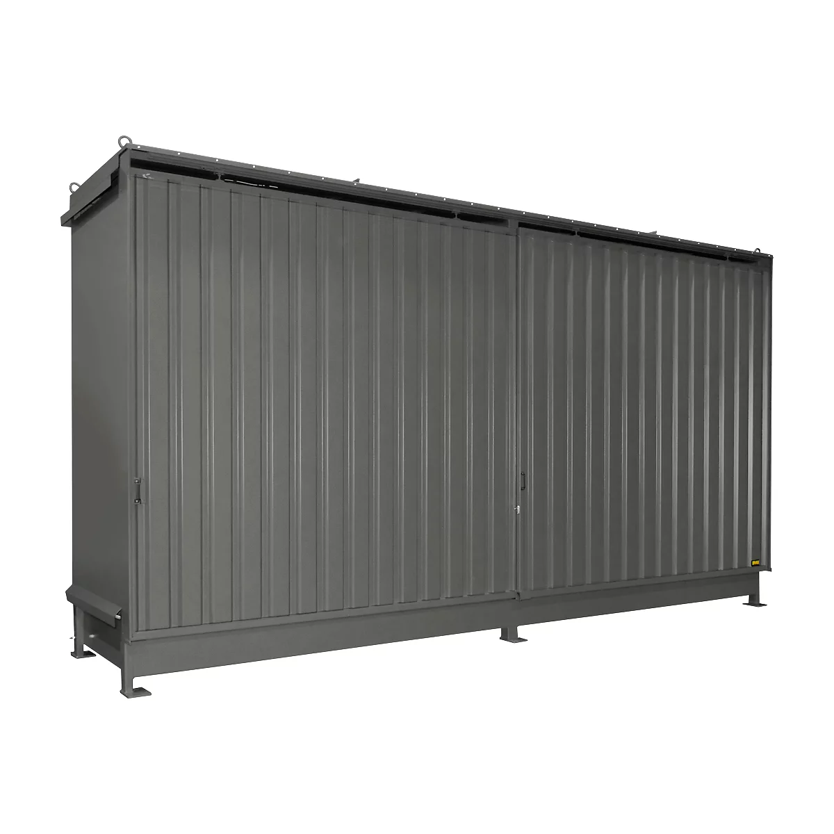 Contenedor Bauer tipo CEN 59-2 IBC, 2 niveles de estantes, puerta corredera, 2000 l, ancho 6255 x fondo 1550 x alto 3450 mm, gris ratón RAL 7005