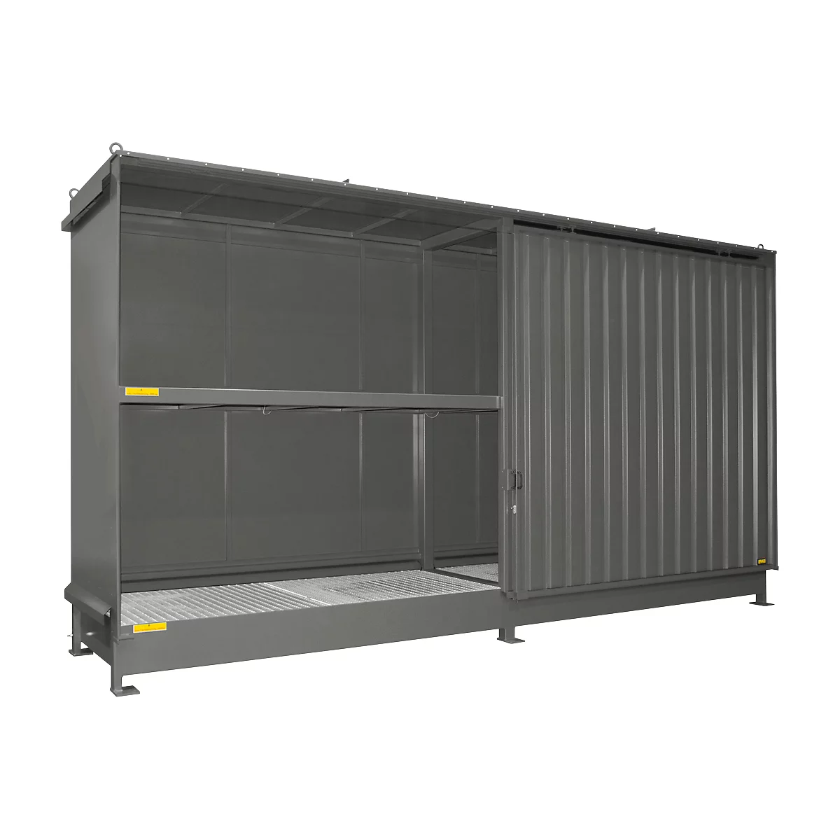 Contenedor Bauer tipo CEN 59-2 IBC, 2 niveles de estantes, puerta corredera, 2000 l, ancho 6255 x fondo 1550 x alto 3450 mm, gris ratón RAL 7005