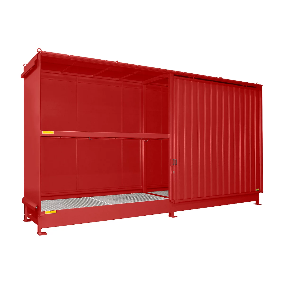 Contenedor Bauer tipo CEN 59-2 IBC, 2 niveles de estantes, puerta corredera, 2000 l, ancho 6255 x fondo 1550 x alto 3450 mm, rojo fuego RAL 3000