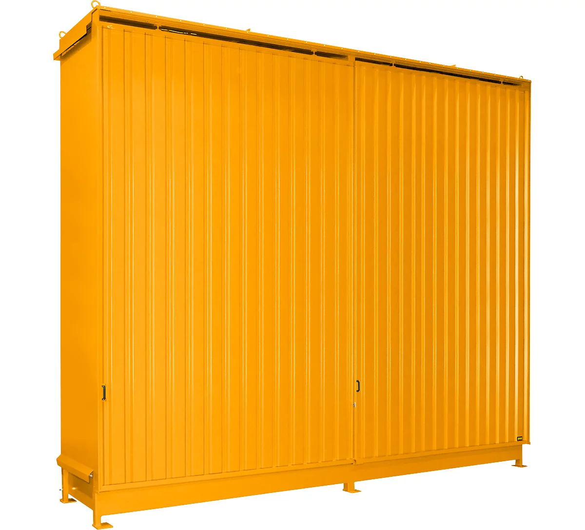 Contenedor Bauer tipo CEN 59-3 IBC, 3 niveles de estantes, puerta corredera, 2000 l, ancho 6540 x fondo 1600 x alto 5015 mm, amarillo-naranja RAL 2000