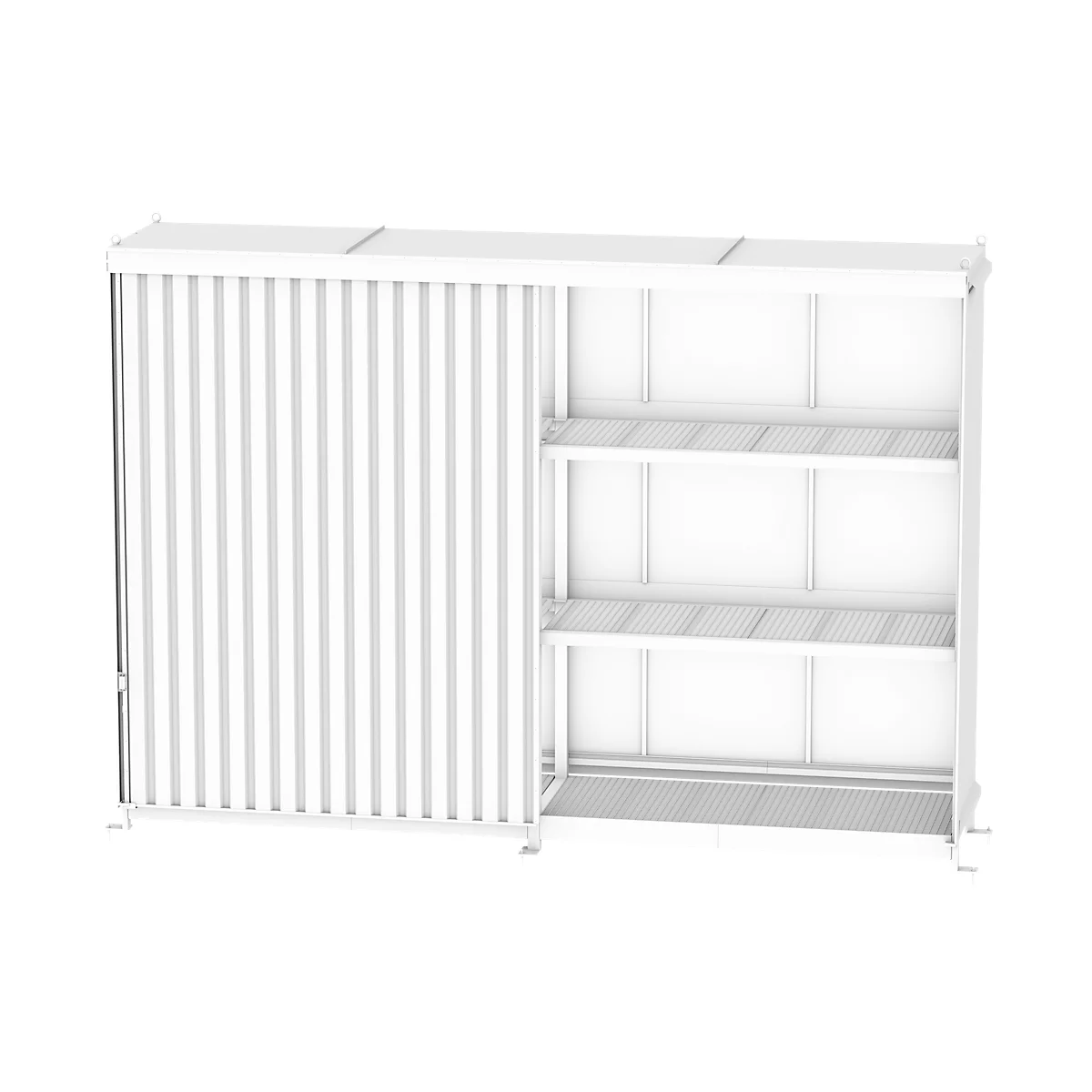 Contenedor Bauer tipo CEN 59-3 IBC, 3 niveles de estantes, puerta corredera, 2000 l, ancho 6540 x fondo 1600 x alto 5015 mm, azul claro RAL 5012