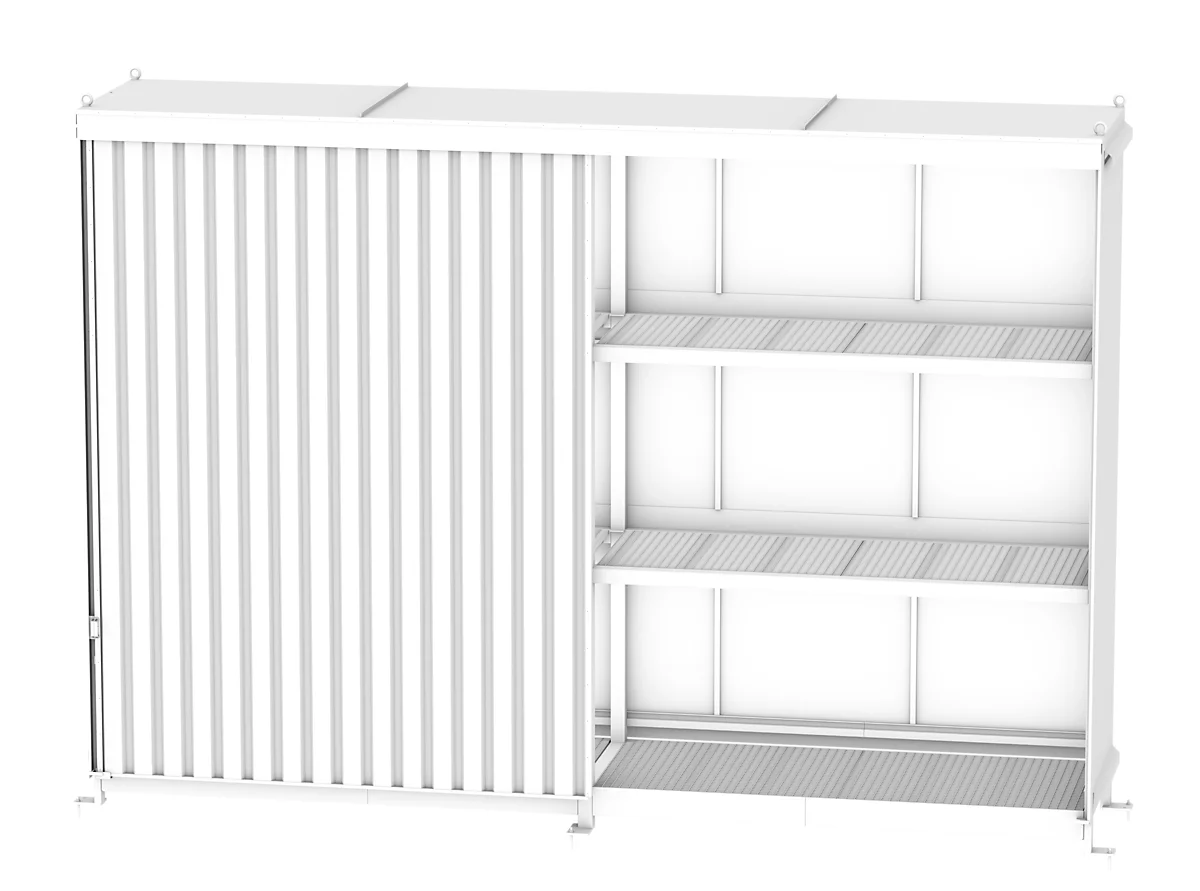 Contenedor de estantes BAUER CEN 59-3, acero, puerta corredera, ancho 6540 x fondo 1600 x alto 4415 mm, blanco