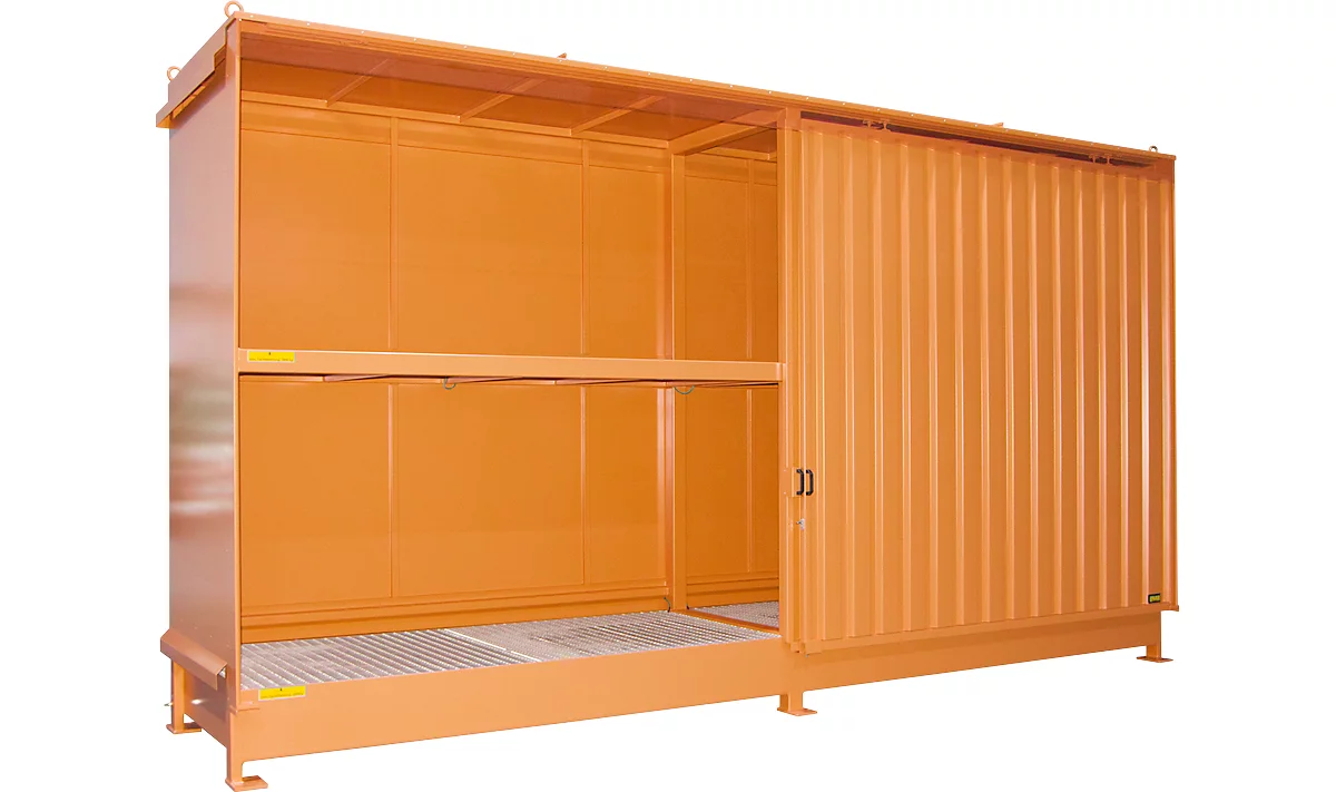 Contenedor de estantes Bauer tipo CEN 59-2 IBC, 2 niveles de estantes, puerta corredera, 2000 l, ancho 6255 x fondo 1550 x alto 3450 mm, amarillo-naranja RAL 2000