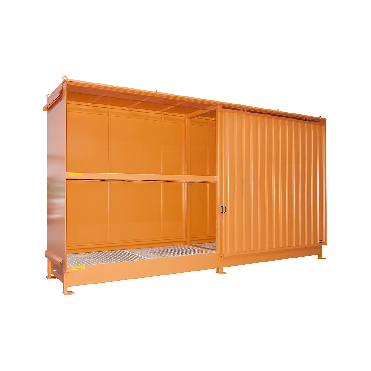 Contenedor de estantes Bauer tipo CEN 59-2 IBC, 2 niveles de estantes, puerta corredera, 2000 l, ancho 6255 x fondo 1550 x alto 3450 mm, amarillo-naranja RAL 2000