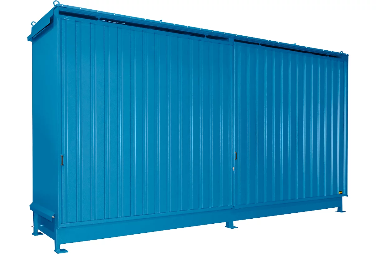 Contenedor de estantes Bauer tipo CEN 59-2 IBC, 2 niveles de estantes, puerta corredera, 2000 l, ancho 6255 x fondo 1550 x alto 3450 mm, azul claro RAL 5012