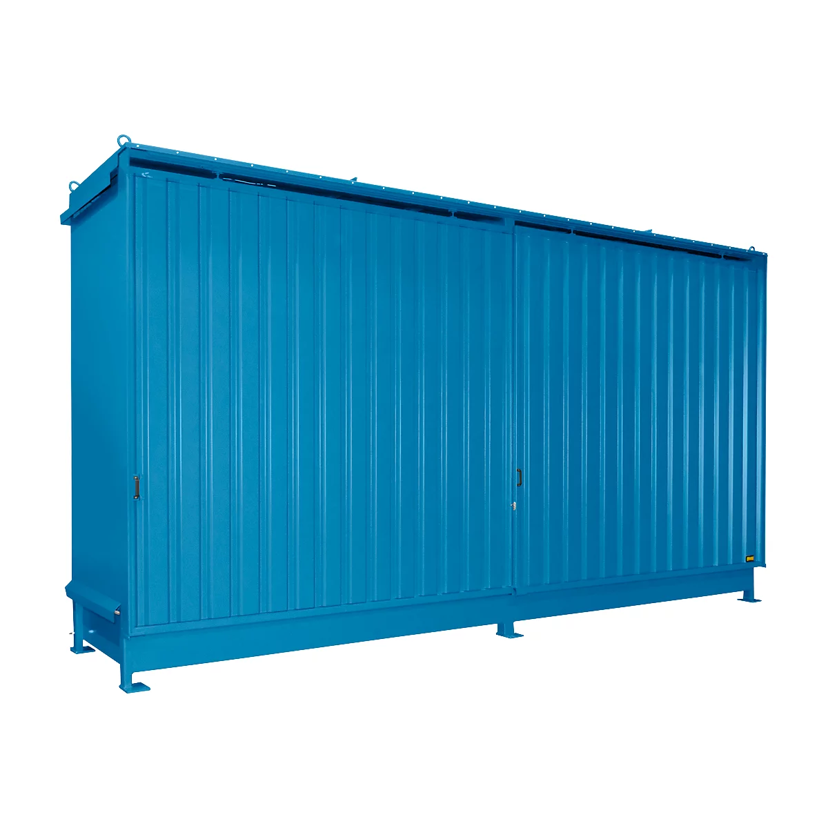 Contenedor de estantes Bauer tipo CEN 59-2 IBC, 2 niveles de estantes, puerta corredera, 2000 l, ancho 6255 x fondo 1550 x alto 3450 mm, azul claro RAL 5012