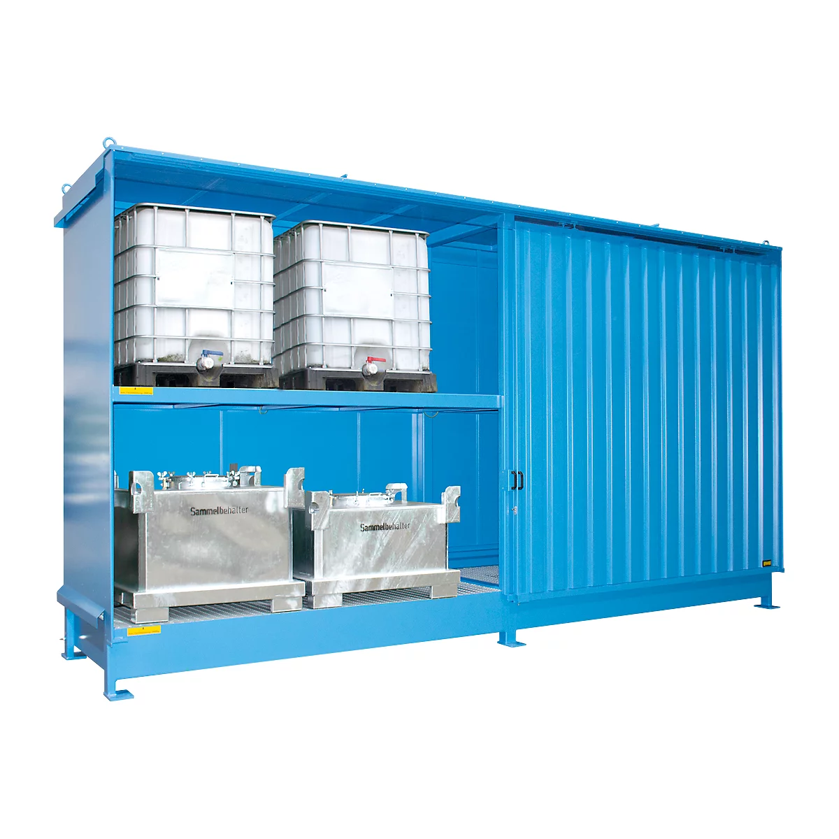 Contenedor de estantes Bauer tipo CEN 59-2 IBC, 2 niveles de estantes, puerta corredera, 2000 l, ancho 6255 x fondo 1550 x alto 3450 mm, azul claro RAL 5012