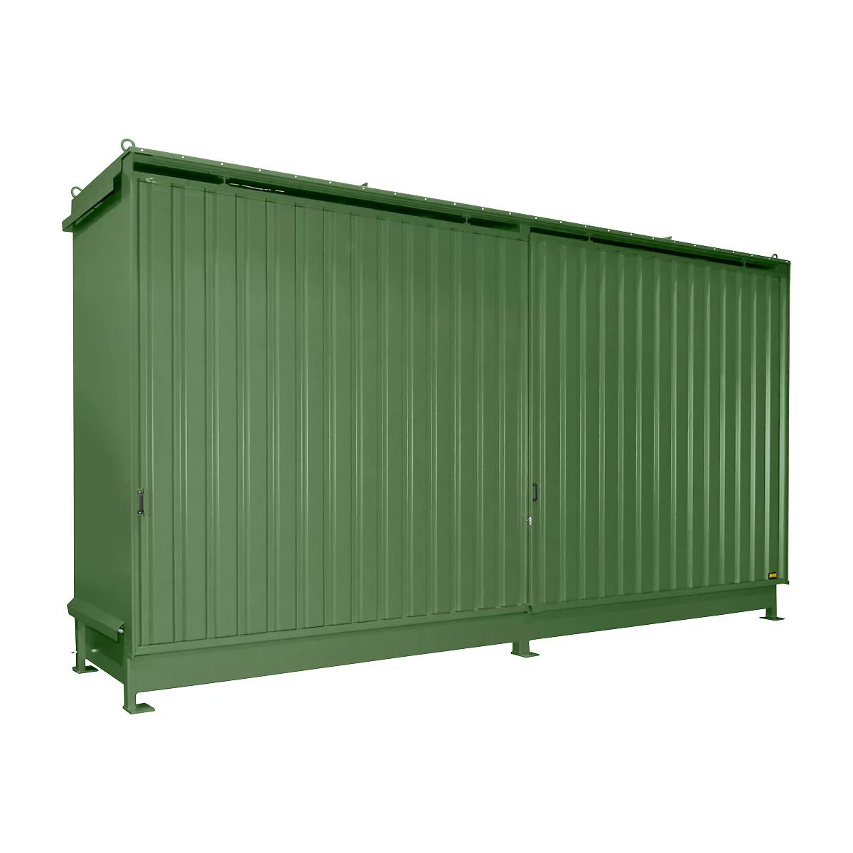 Contenedor de estantes Bauer tipo CEN 59-2 IBC, 2 niveles de estantes, puerta corredera, 2000 l, ancho 6255 x fondo 1550 x alto 3450 mm, verde reseda RAL 6011