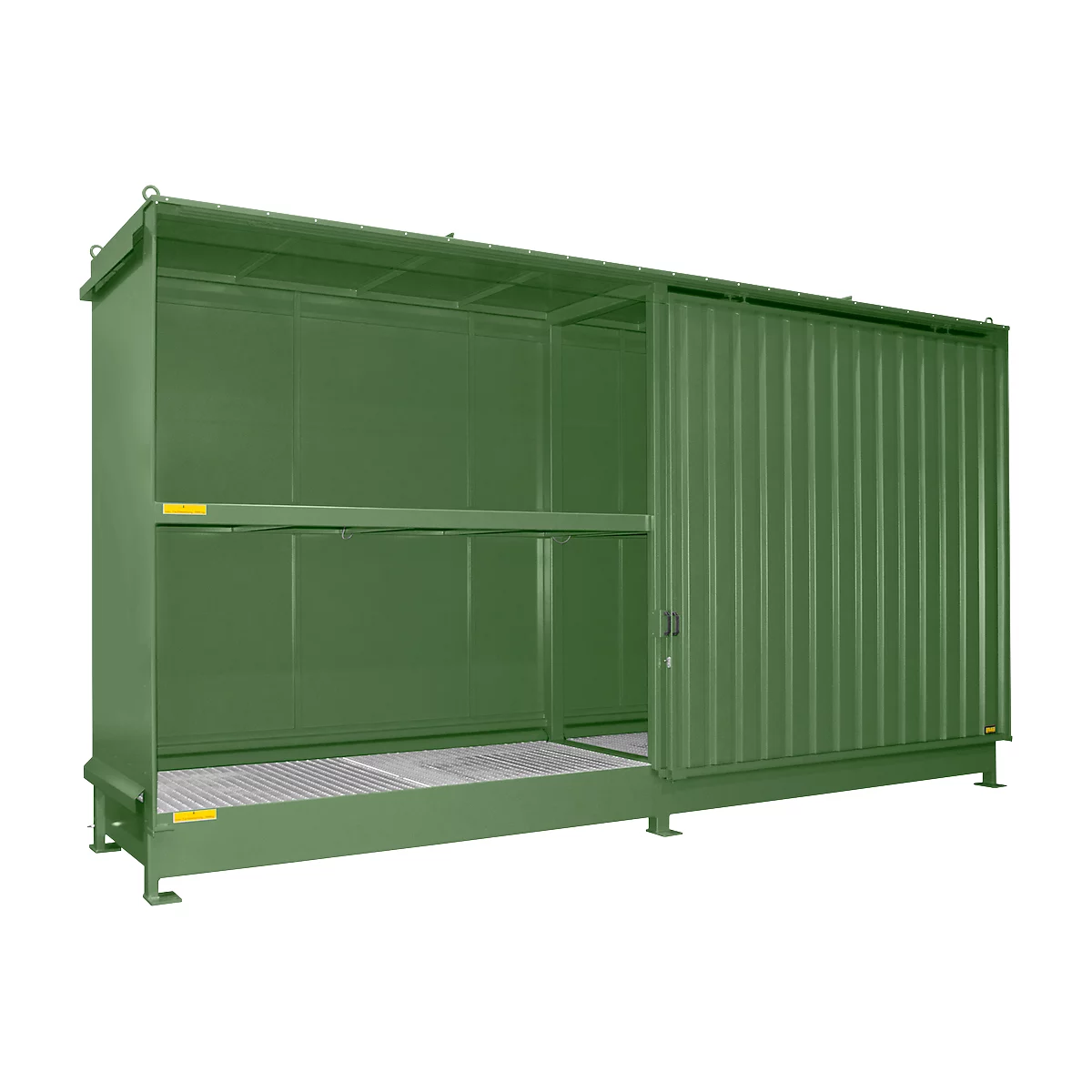 Contenedor de estantes Bauer tipo CEN 59-2 IBC, 2 niveles de estantes, puerta corredera, 2000 l, ancho 6255 x fondo 1550 x alto 3450 mm, verde reseda RAL 6011