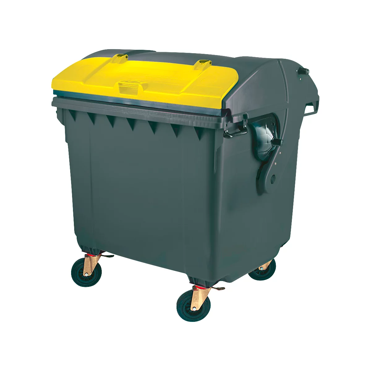 Contenedor de basura gris con tapa amarilla sobre ruedas.