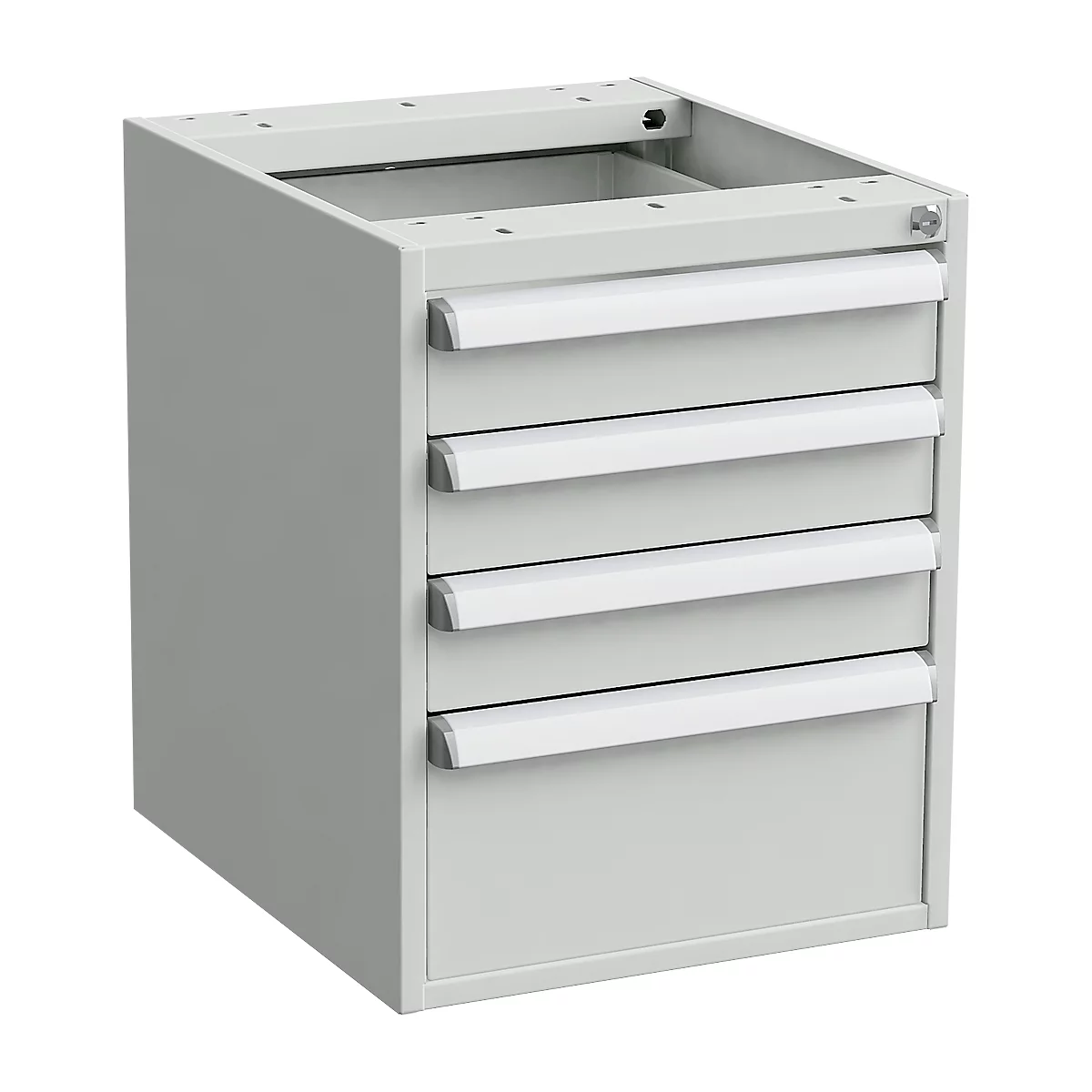 Cajonera de metal gris con cuatro cajones y tiradores blancos. Parte superior abierta.