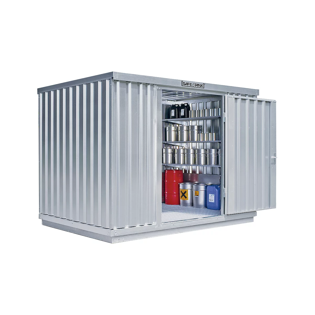 Contenedor individual Säbu SAFE TANK 1000, WGK 1-3 volumen 1030 l, con bandeja de recogida y rejilla, An 3050 x Pr 2170 x Al 2300 mm, plata