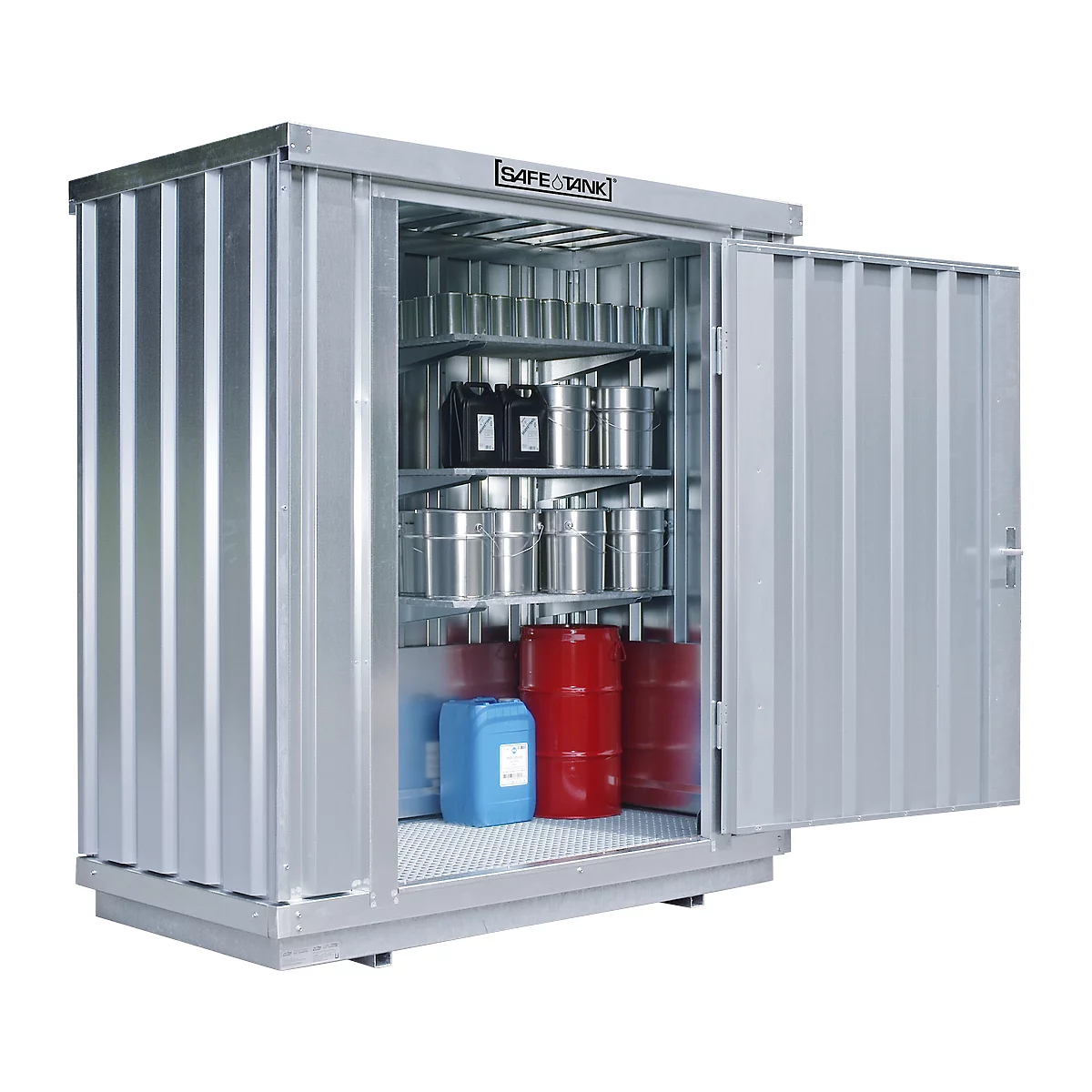 Contenedor individual Säbu SAFE TANK 300, WGK 1-3, volumen 275 l, con bandeja de recogida y rejilla, An 2100 x Pr 1140 x Al 2300 mm, plata