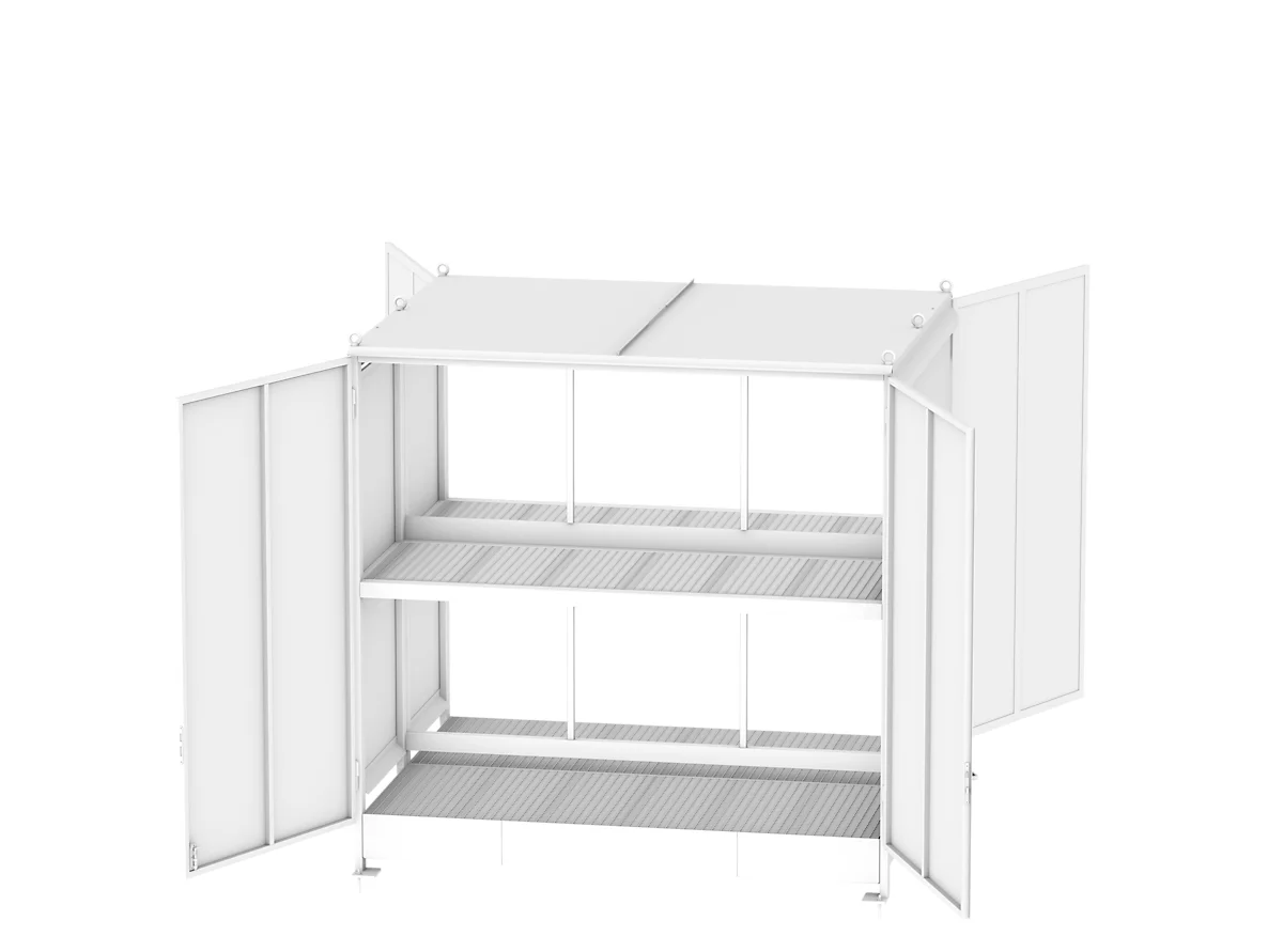 Contenedor para estantes BAUER CEN 29-2b IBC, acero, puerta de dos hojas, ancho 3275 x fondo 2900 x alto 3465 mm, blanco