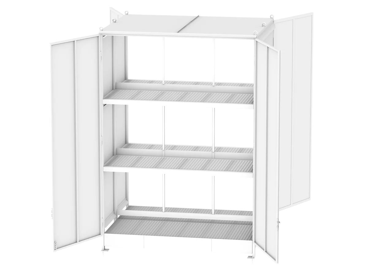 Contenedor para estantes BAUER CEN 29-3b IBC, acero, puerta de dos hojas, ancho 3275 x fondo 2900 x alto 4965 mm, blanco