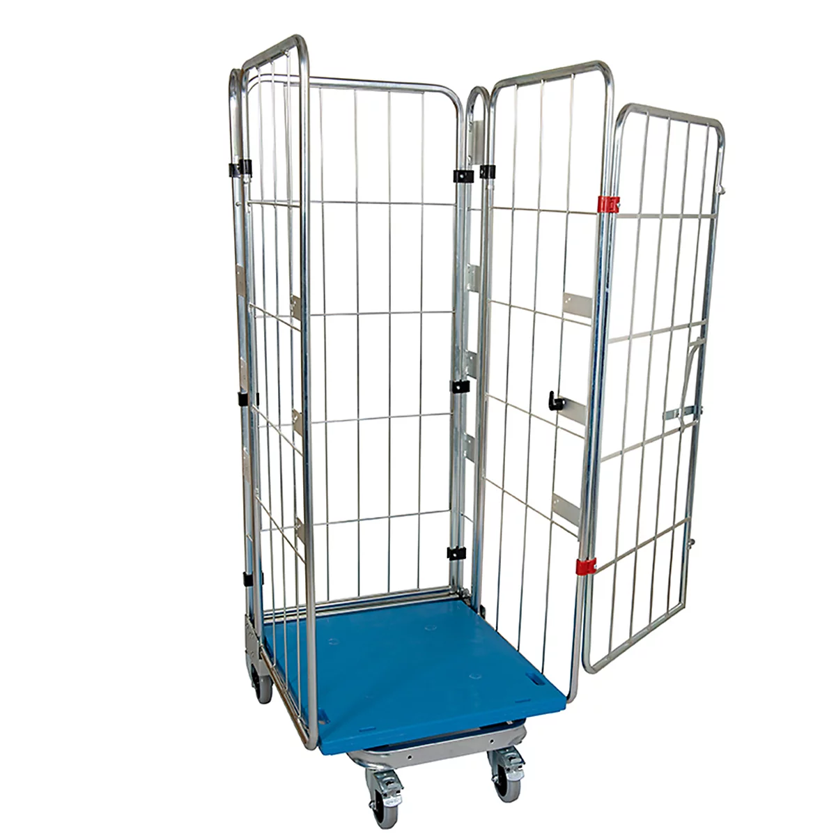 Contenedor rodante de metal con base de plástico azul y puerta de malla abatible sobre ruedas.