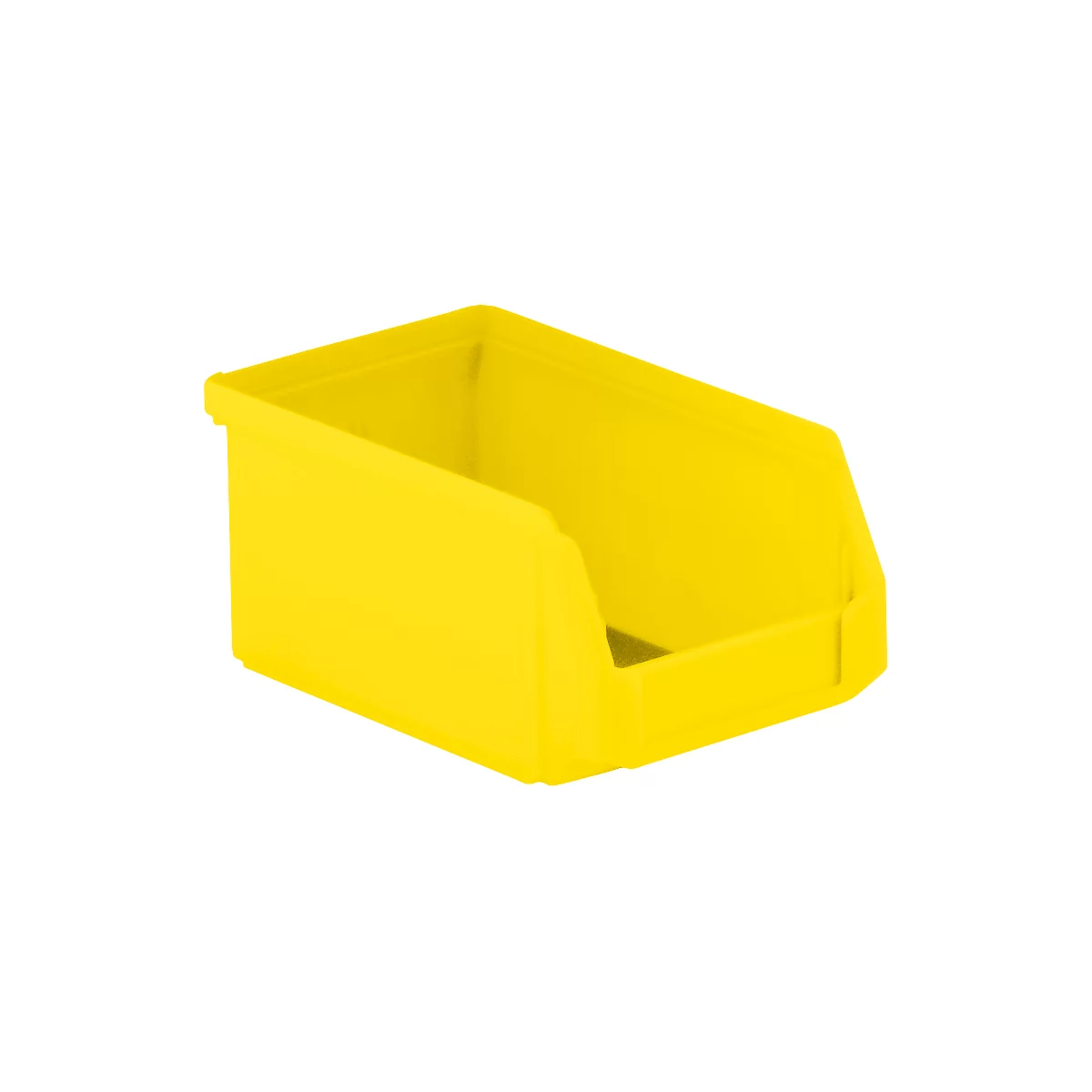 Caja de almacenamiento de plástico amarilla con frente abierto. La caja está sobre una superficie blanca.