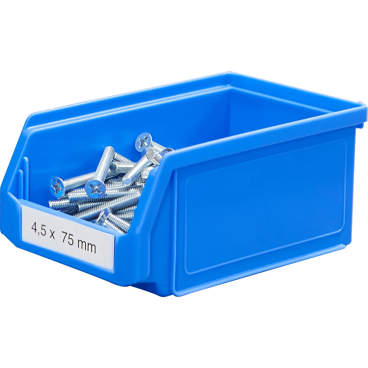 Caja azul con tornillos, etiquetada "4,5 x 75 mm".