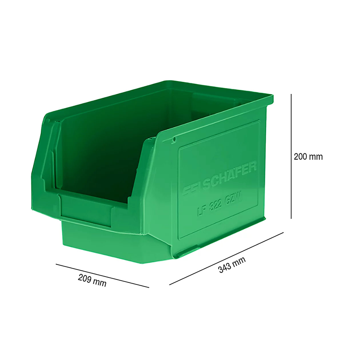 Caja de almacenamiento verde con dimensiones. Inscripción: SCHÄFER, LF 332 620.
