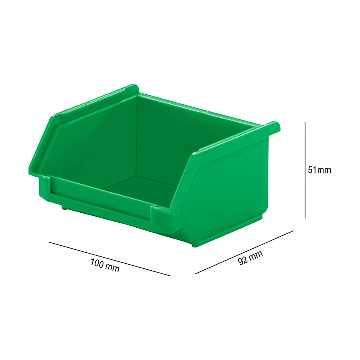 Caja de plástico verde con dimensiones: 100 mm, 92 mm, 51 mm.