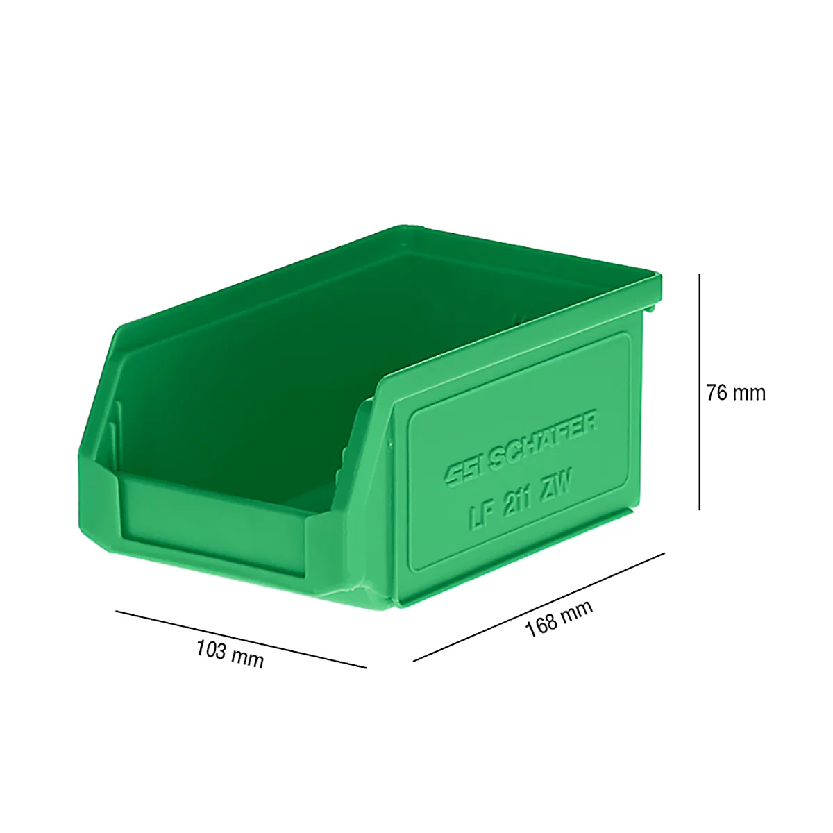Caja de plástico verde con dimensiones de 103 x 168 x 76 mm. Etiquetado "GE SCHÄFER LF 211 ZW".