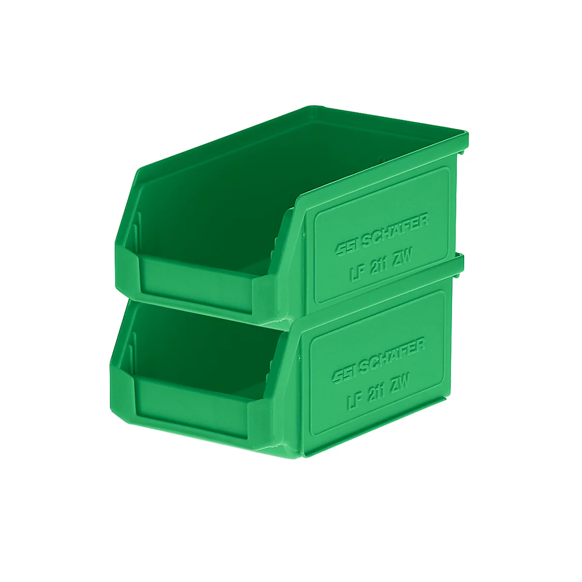 Dos cajas de almacenamiento verdes apiladas una sobre otra con la inscripción SSI SCHÄFER LF 211 ZW.