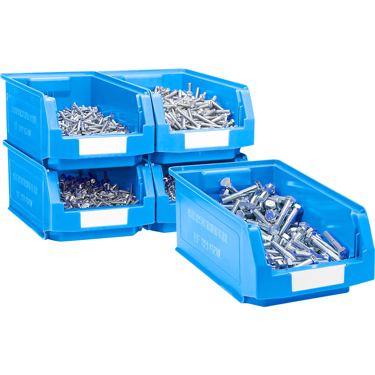 Contenedores de plástico azul llenos de tornillos y pernos. Múltiples contenedores están apilados o uno al lado del otro.