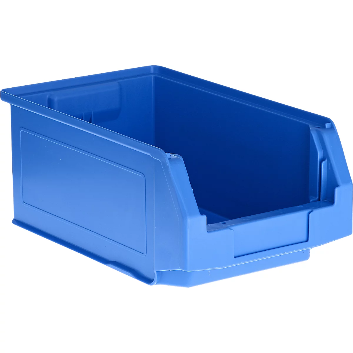 Caja de plástico azul con frente abierto.