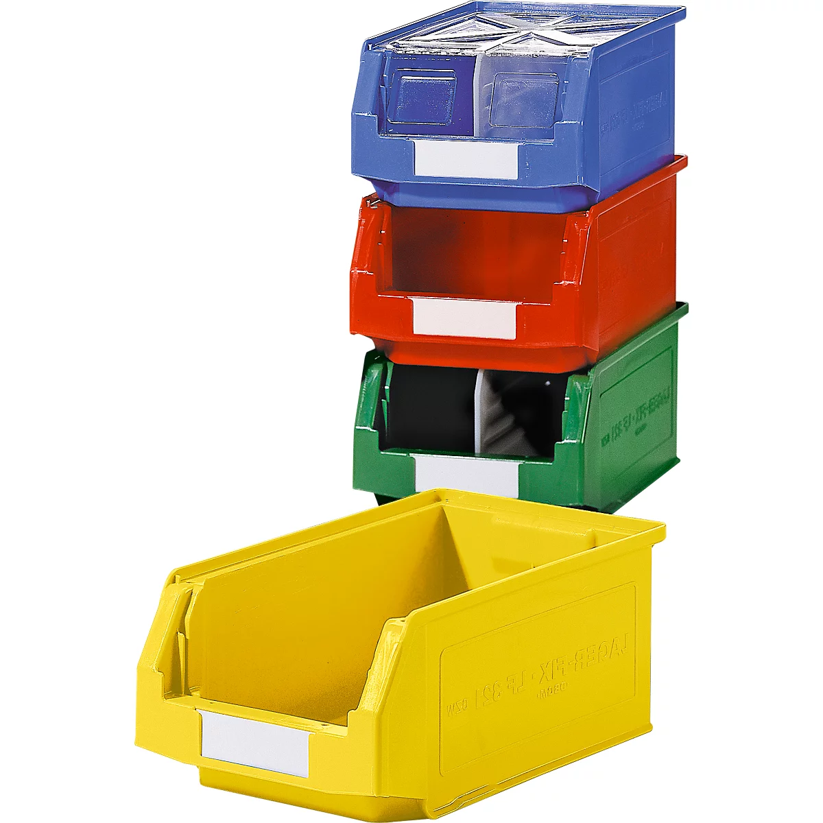 Cuatro contenedores de plástico de colores: azul, rojo, verde, amarillo, apilados y uno al lado del otro. Todos tienen una etiqueta.