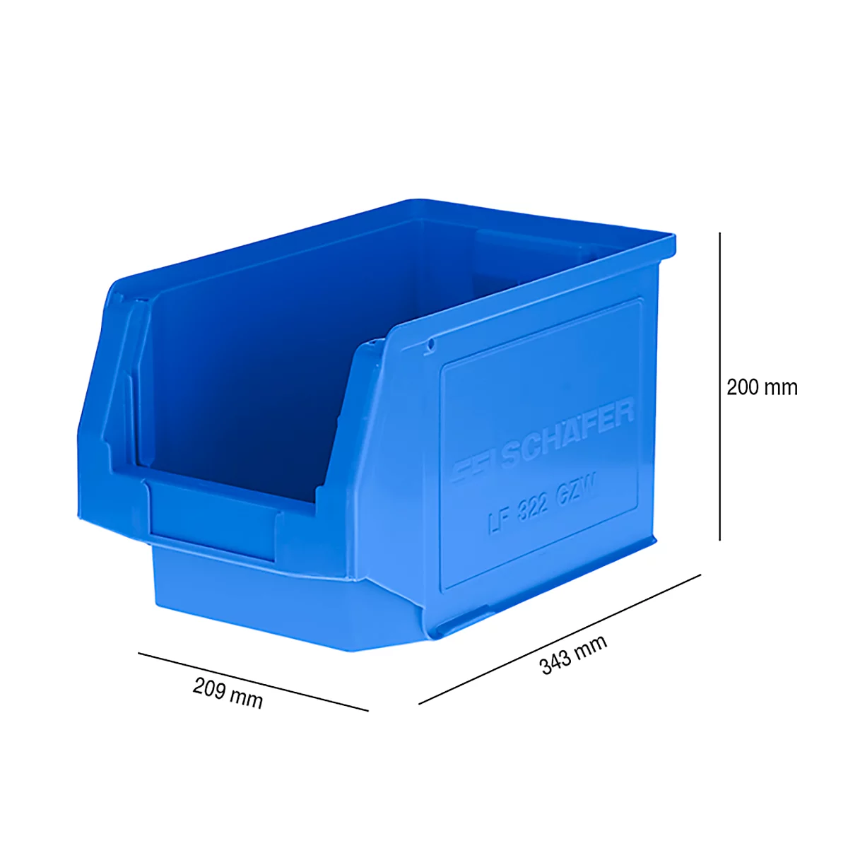 Caja de plástico azul con dimensiones. Inscripción: SSI Schäfer.