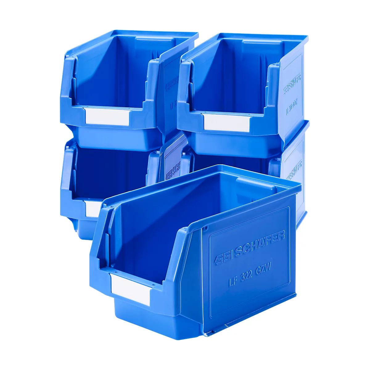 Contenedores de almacenamiento de plástico azul, apilados. Impresión: "SCHÄFFER".