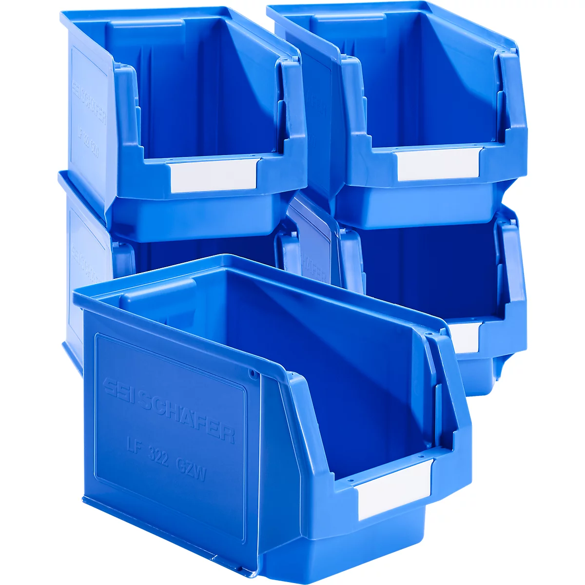 Cajas de almacenamiento azules, parcialmente apiladas, con campos de etiquetas blancos. Una caja dice 'GEISCHÄFER'.