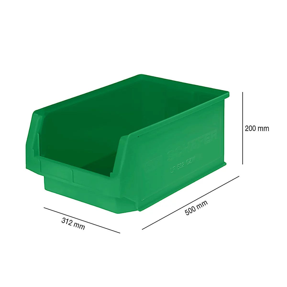 Caja de plástico verde con dimensiones: 200 mm de alto, 500 mm de largo y 312 mm de ancho.