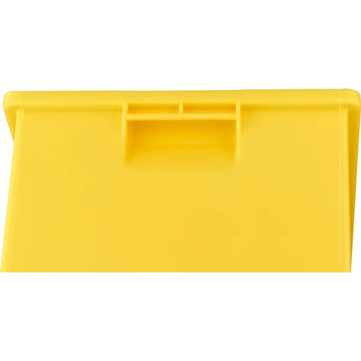 Caja de almacenamiento de plástico amarillo vista desde arriba con asa integrada.