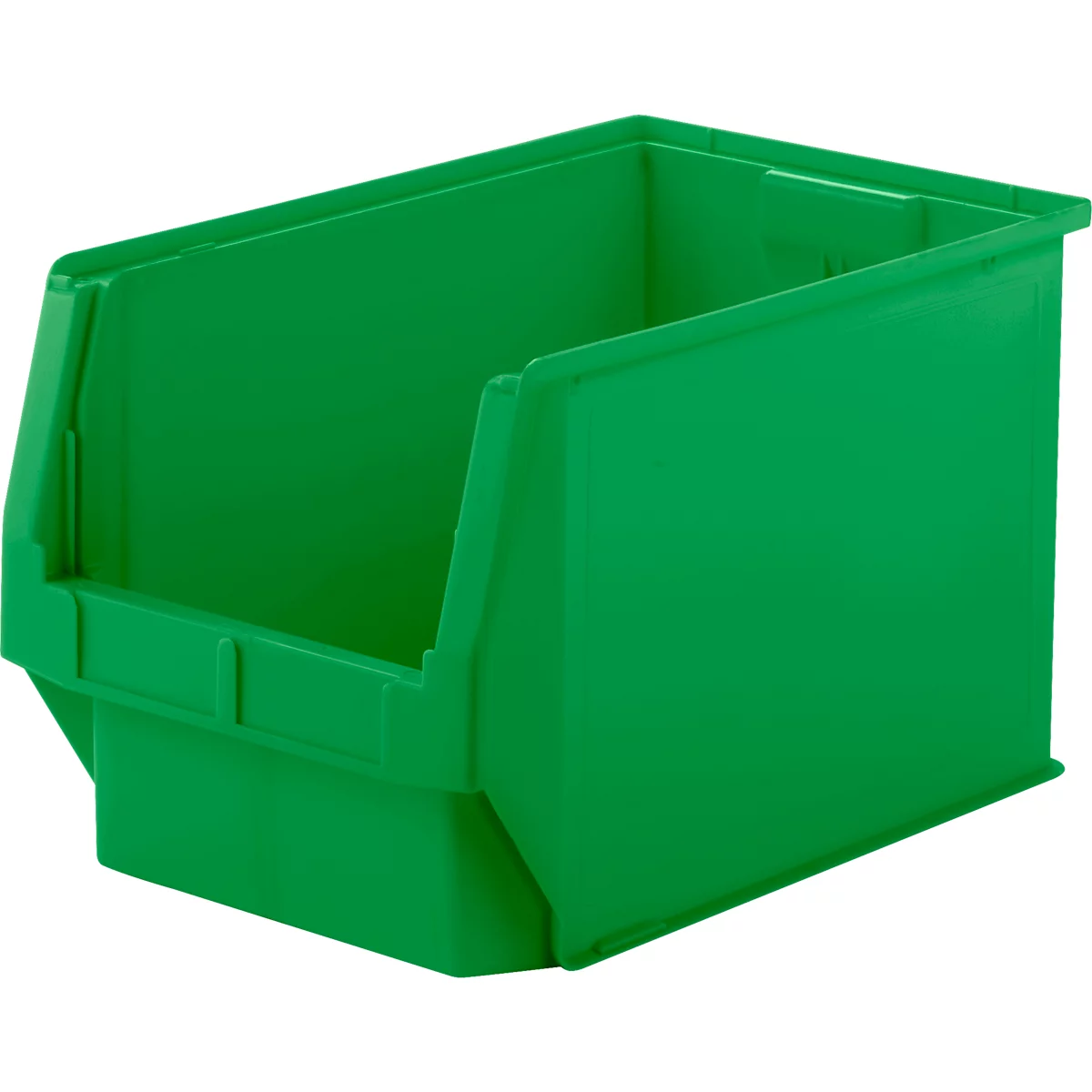 Una caja de almacenamiento de plástico verde con frente abierto sobre un fondo blanco.