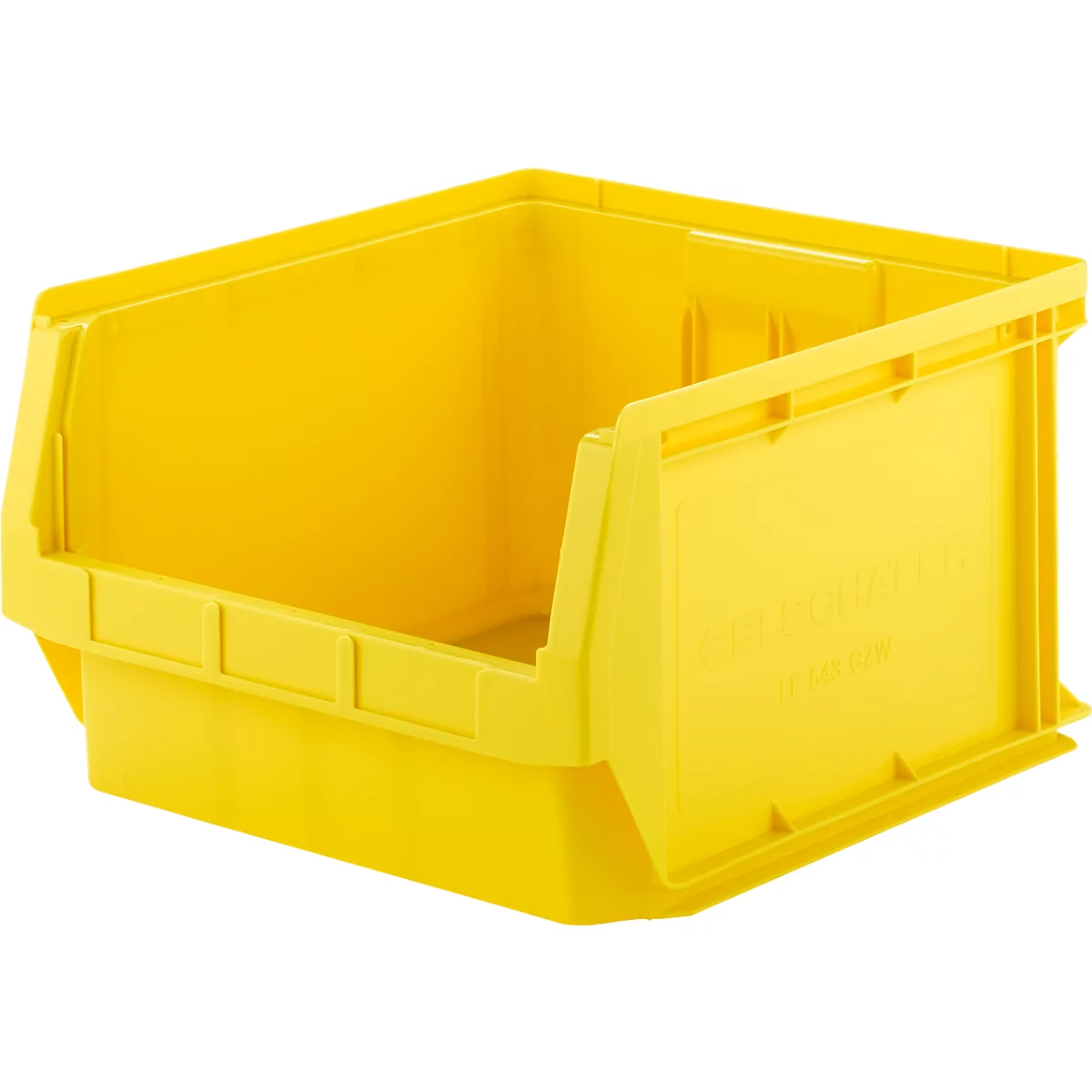 Caja de plástico amarilla, lado abierto, forma rectangular. El nombre del fabricante está grabado en el lateral.