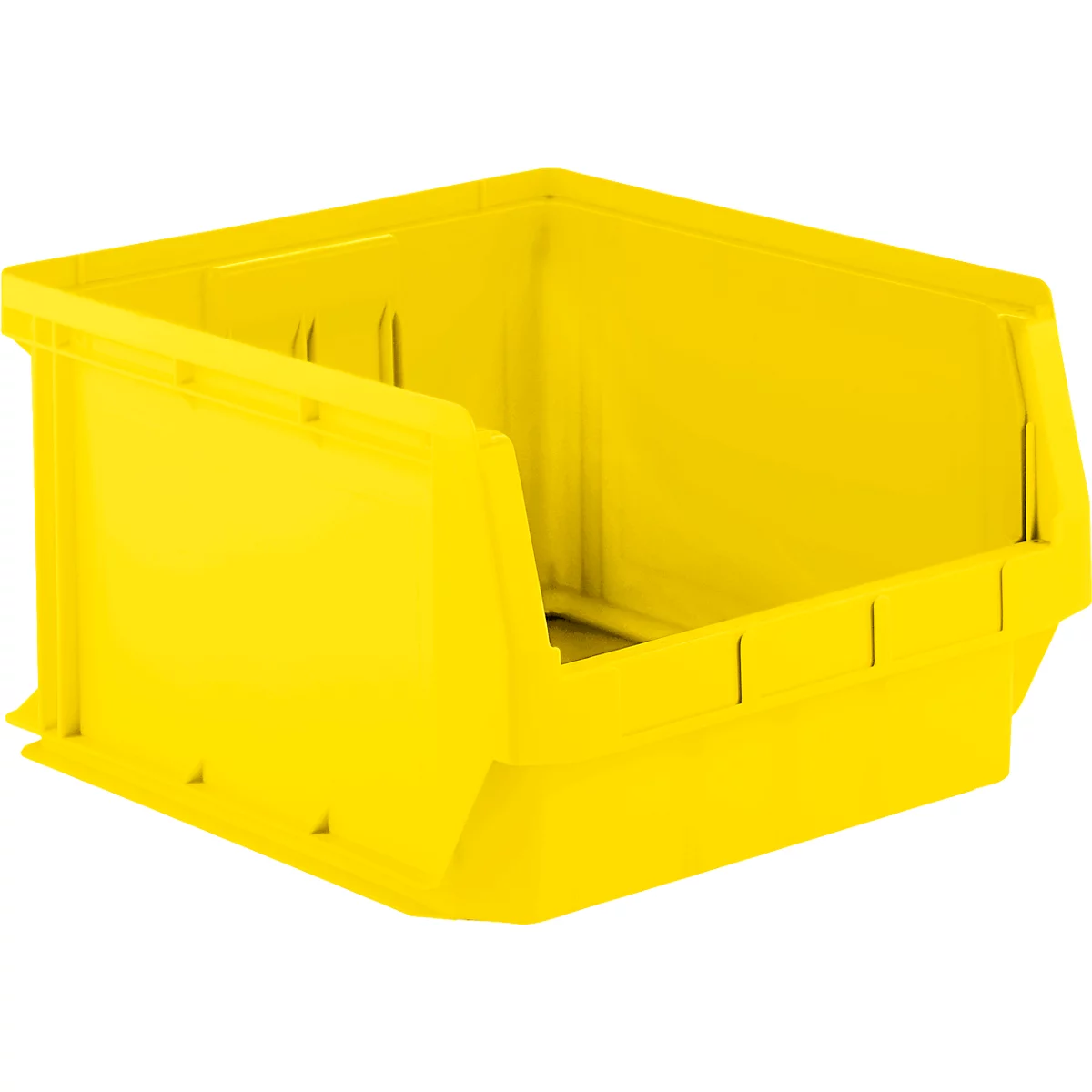 Contenedor de plástico amarillo con frente inclinado. La superficie lisa refleja la luz.