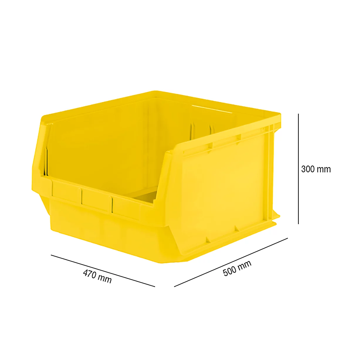 Caja de almacenamiento amarilla, abierta, con dimensiones: 500 mm x 470 mm x 300 mm.