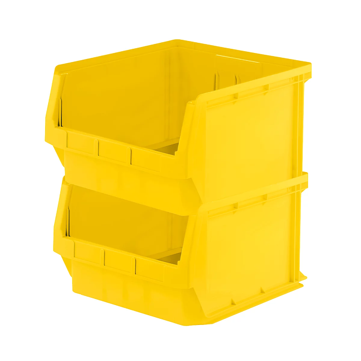 Dos cajas de almacenamiento de plástico amarillo brillante apiladas una sobre otra sobre un fondo blanco.